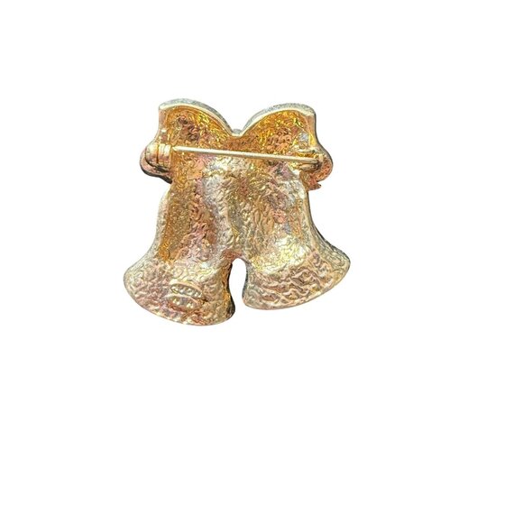 Vintage Gold-Tone Avon Christmas Bell Pin With Red Bow Accent & Glitter Detail - Picture 2 of 2